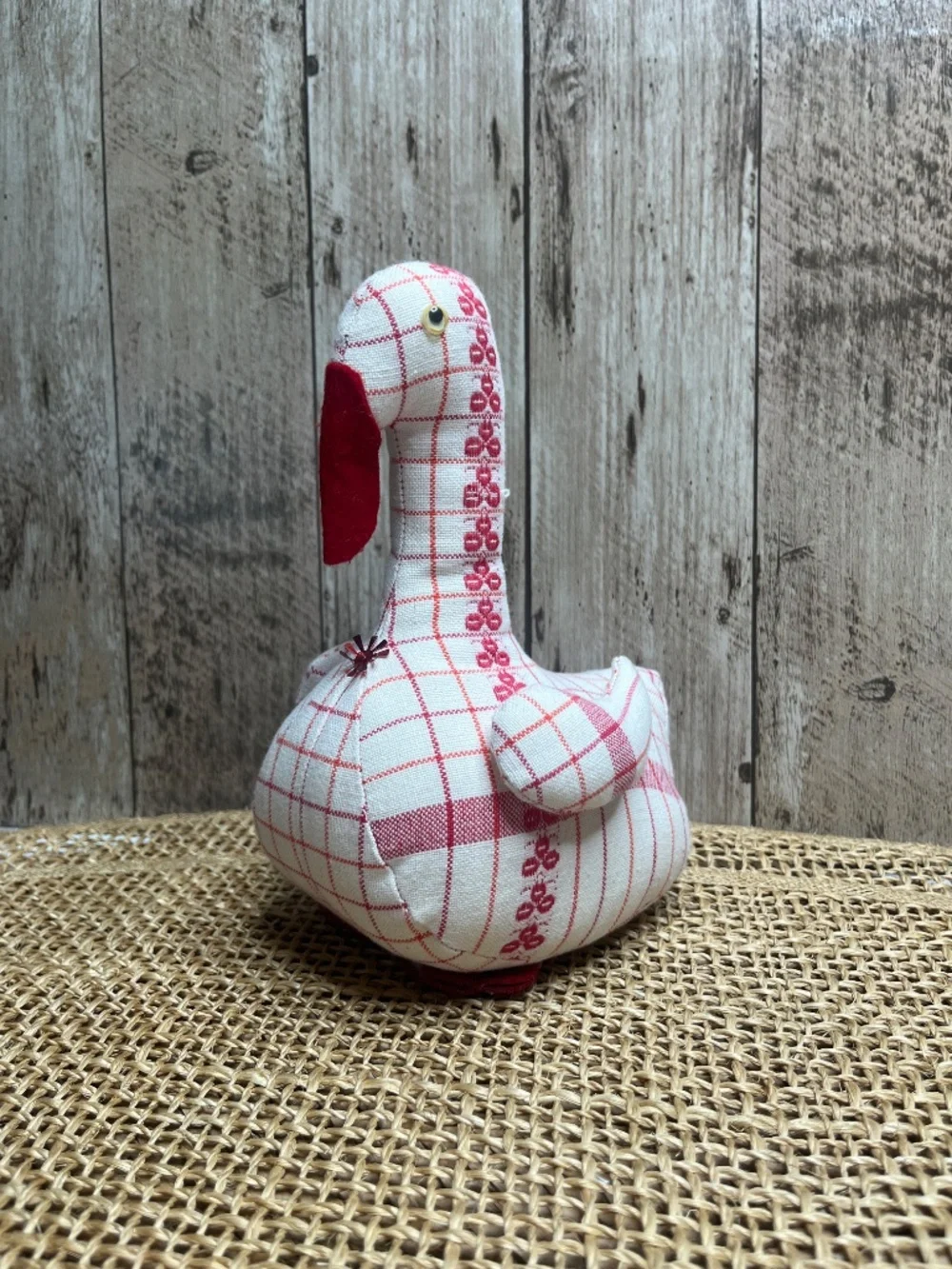 Vintage Red & White Plaid Goose Duck Fabric Plush Holiday Decor - Picture 5 of 6